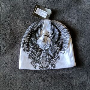 Zumiez White Beanie with Black Skull & Wing Graphic